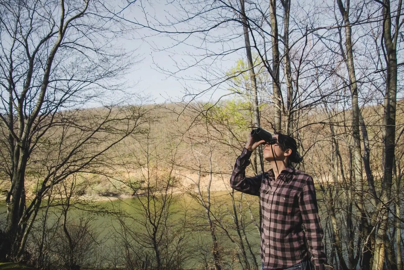 Wanderer mit Fernglas im Wald